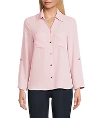 Jones New York Crepe Point Collar Roll Tab Button Front Top