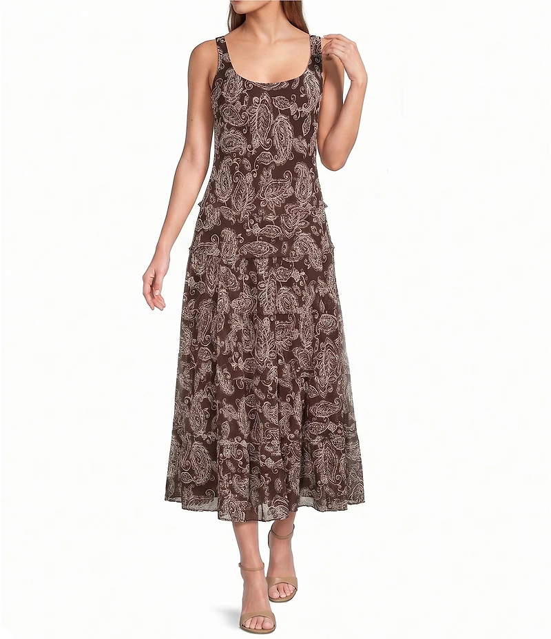 Jones New York Crinkle Chiffon Scoop Neck Sleeveless Multi Tiered Midi Dress