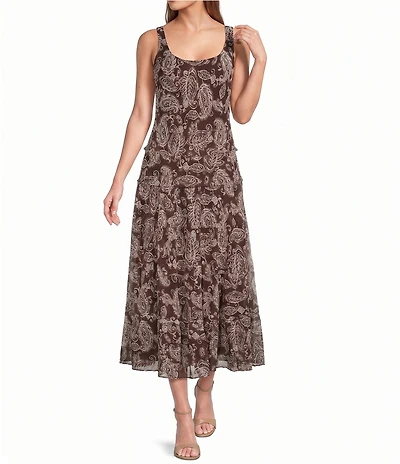 Jones New York Crinkle Chiffon Scoop Neck Sleeveless Multi Tiered Midi Dress