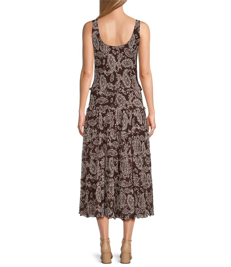 Jones New York Crinkle Chiffon Scoop Neck Sleeveless Multi Tiered Midi Dress