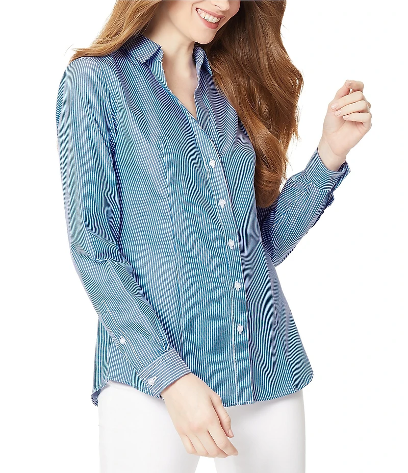 Jones New York Easy Care Cotton Stripe Print Point Collar Long Sleeve Button Front Shirt