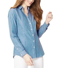 Jones New York Easy Care Cotton Stripe Print Point Collar Long Sleeve Button Front Shirt