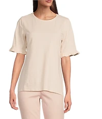 Jones New York Feeder Stripe Crew Neck Ruffled Elbow Sleeve Tee