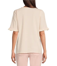 Jones New York Feeder Stripe Crew Neck Ruffled Elbow Sleeve Tee