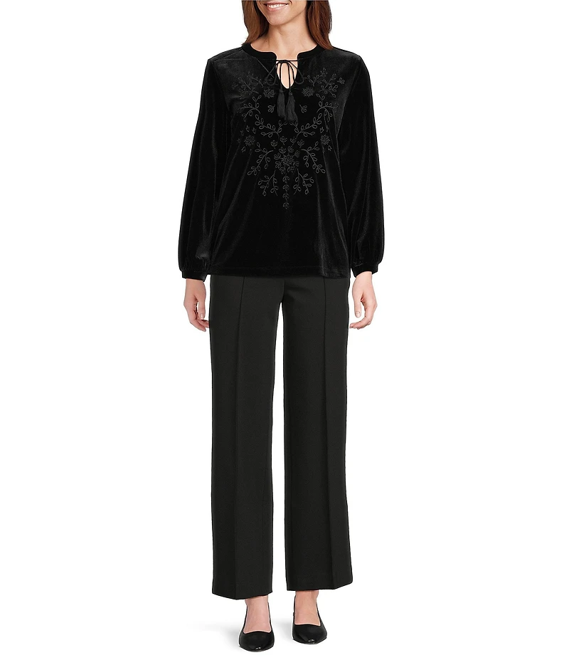 Jones New York Floral Embroidered Stretch Velour Keyhole V-Neck Long Sleeve Blouse