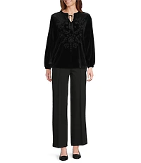 Jones New York Floral Embroidered Stretch Velour Keyhole V-Neck Long Sleeve Blouse