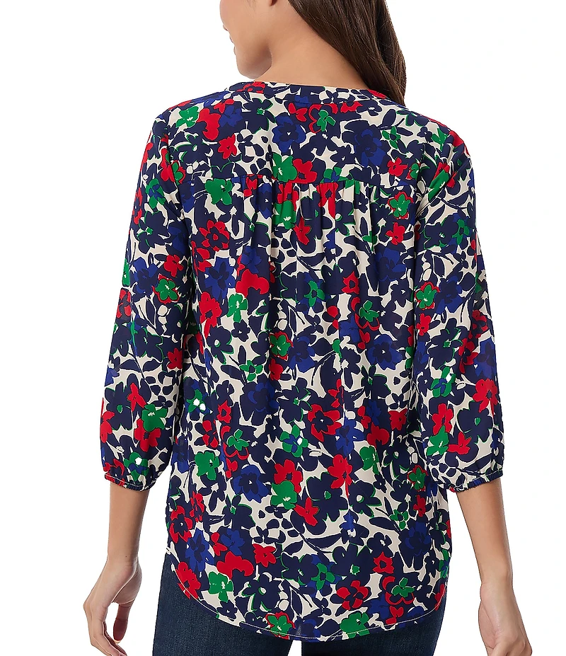 Jones New York Floral Pleated V-Neck 3/4 Sleeve Tunic
