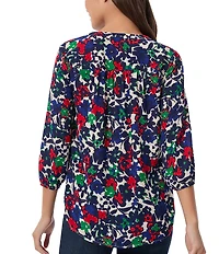 Jones New York Floral Pleated V-Neck 3/4 Sleeve Tunic