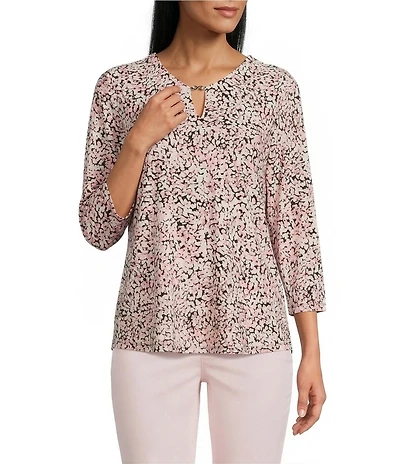 Jones New York Floral Print Knit V-Neck 3/4 Sleeve Top