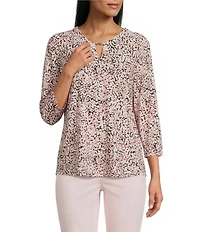 Jones New York Floral Print Knit V-Neck 3/4 Sleeve Top
