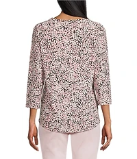 Jones New York Floral Print Knit V-Neck 3/4 Sleeve Top