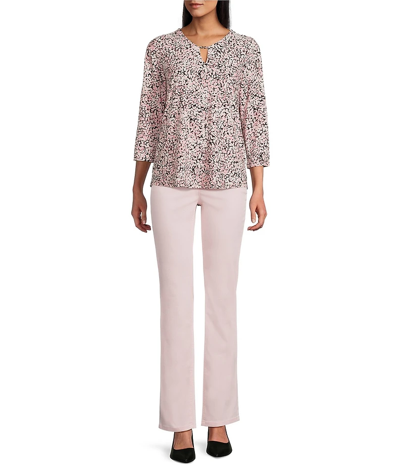 Jones New York Floral Print Knit V-Neck 3/4 Sleeve Top