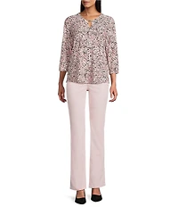 Jones New York Floral Print Knit V-Neck 3/4 Sleeve Top