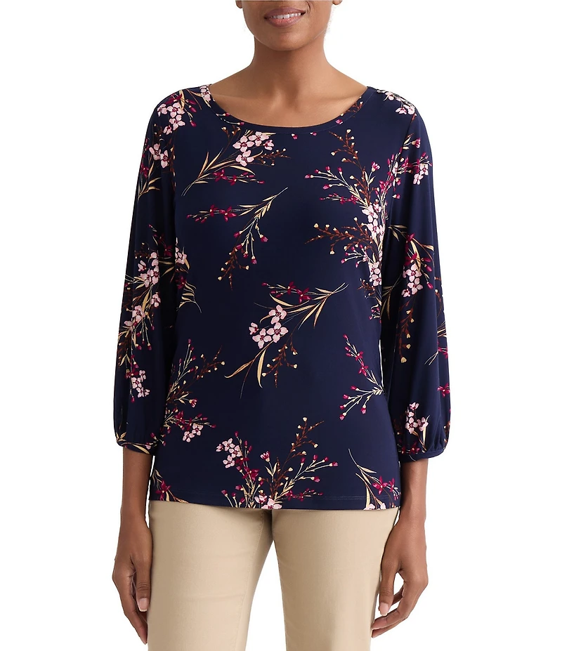 Jones New York Floral Print Round Neck 3/4 Sleeve Shoulder Button Top