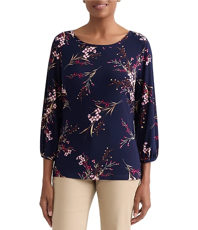 Jones New York Floral Print Round Neck 3/4 Sleeve Shoulder Button Top
