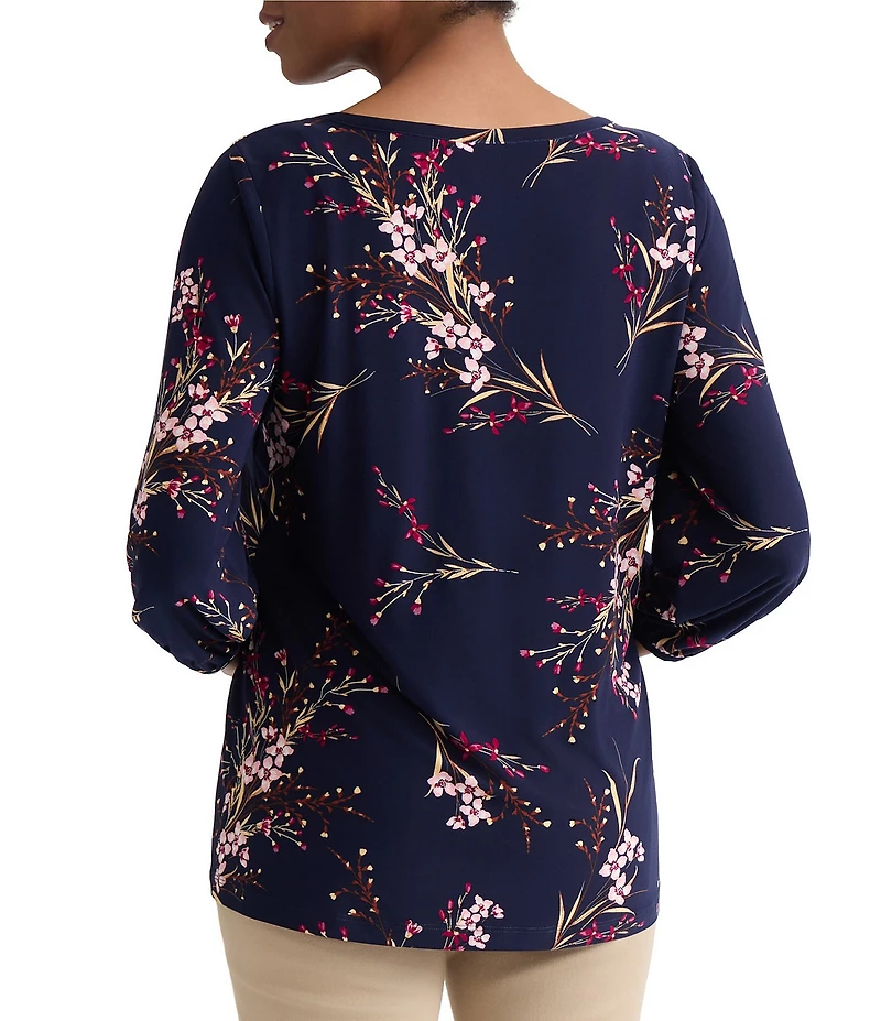 Jones New York Floral Print Round Neck 3/4 Sleeve Shoulder Button Top