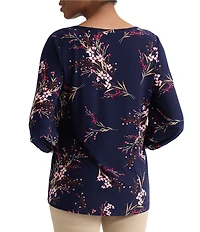 Jones New York Floral Print Round Neck 3/4 Sleeve Shoulder Button Top