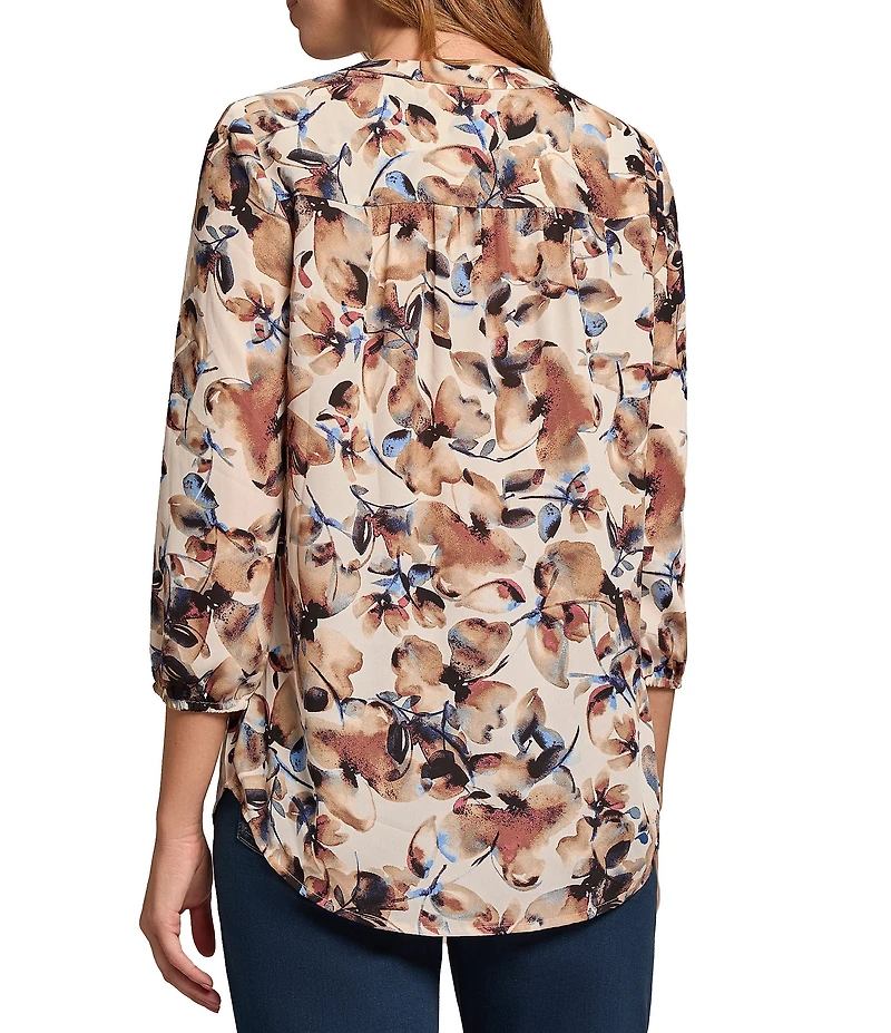 Jones New York Floral Printed Crepe De Chine V-Neck 3/4 Sleeve Tunic