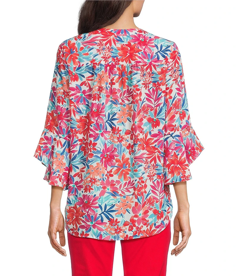 Jones New York Floral Printed V-Neck Flare Sleeve Tunic