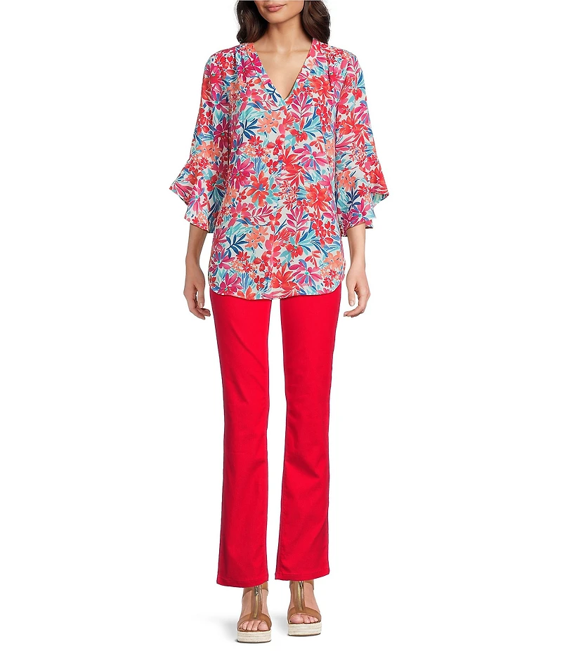 Jones New York Floral Printed V-Neck Flare Sleeve Tunic