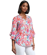 Jones New York Floral Printed V-Neck Flare Sleeve Tunic