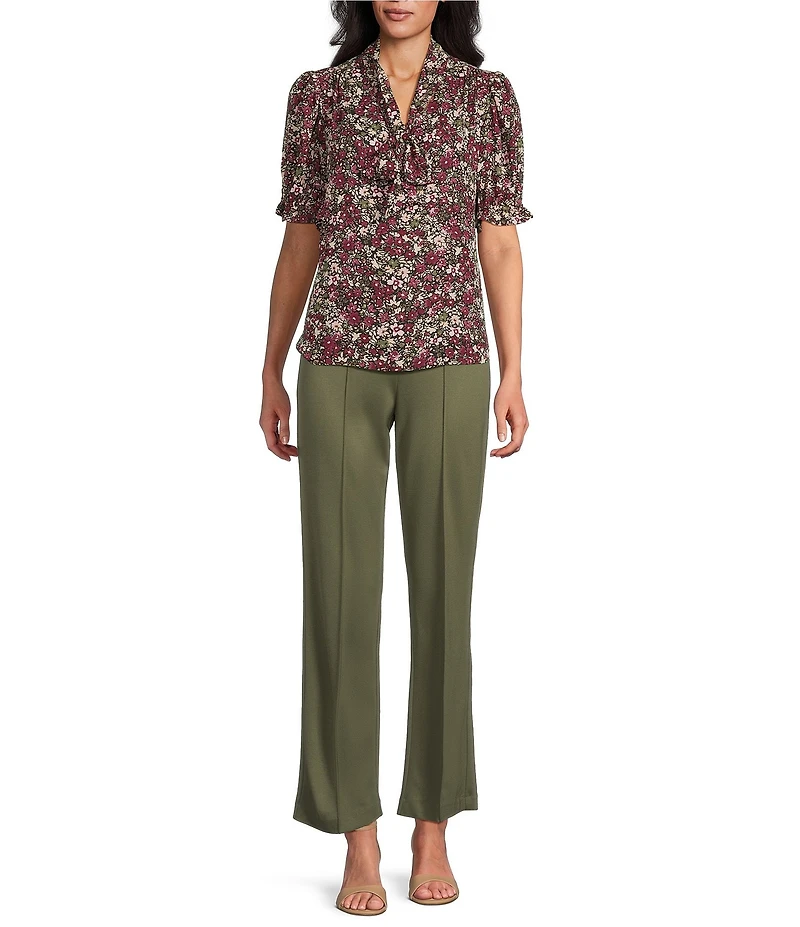 Jones New York Floral Tie Neck Short Puff Sleeve Blouse