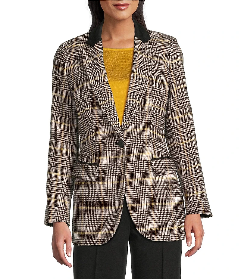 Jones New York Glen Plaid Notch Collar Long Sleeve Elbow Patch One button Jacket