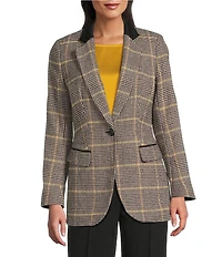 Jones New York Glen Plaid Notch Collar Long Sleeve Elbow Patch One button Jacket