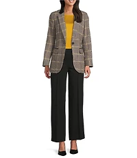 Jones New York Glen Plaid Notch Collar Long Sleeve Elbow Patch One button Jacket