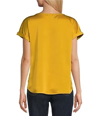 Jones New York Hammered Satin Crew Neck Short Sleeve Button Detail Blouse