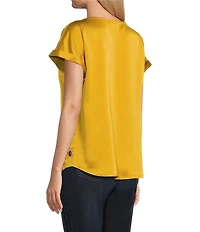 Jones New York Hammered Satin Crew Neck Short Sleeve Button Detail Blouse