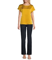Jones New York Hammered Satin Crew Neck Short Sleeve Button Detail Blouse