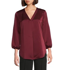 Jones New York Hammered Satin V-Neck 3/4 Sleeve Blouse