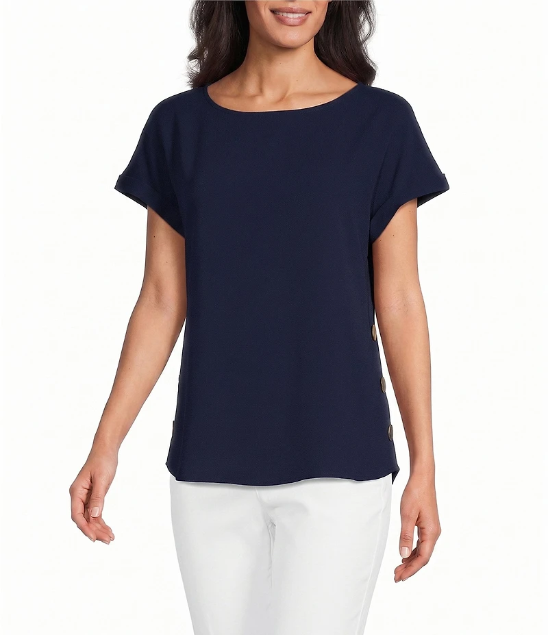 Jones New York Jasper Crepe Boat Neck Short Sleeve Side Button Detail Blouse