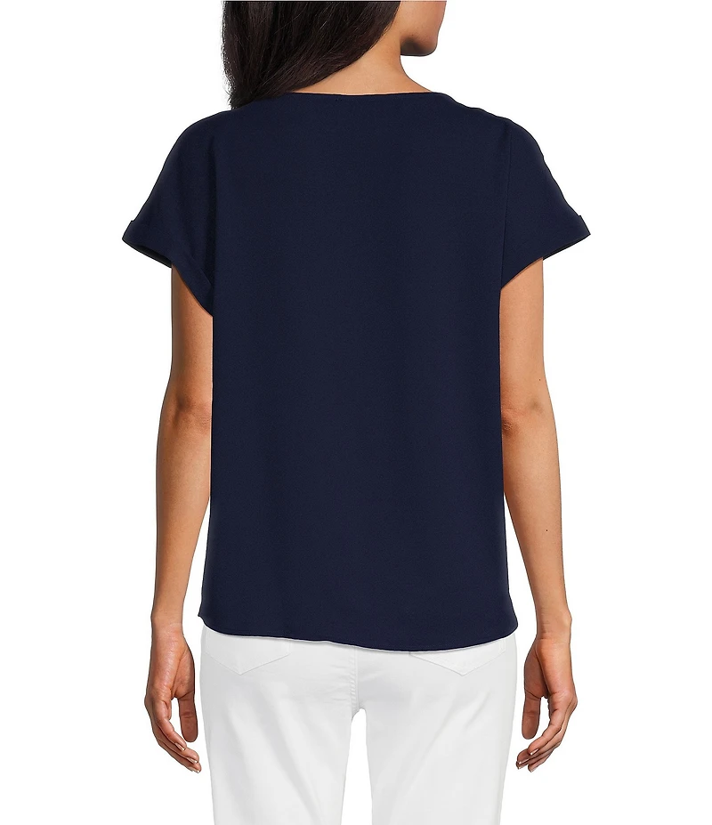 Jones New York Jasper Crepe Boat Neck Short Sleeve Side Button Detail Blouse