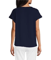 Jones New York Jasper Crepe Boat Neck Short Sleeve Side Button Detail Blouse