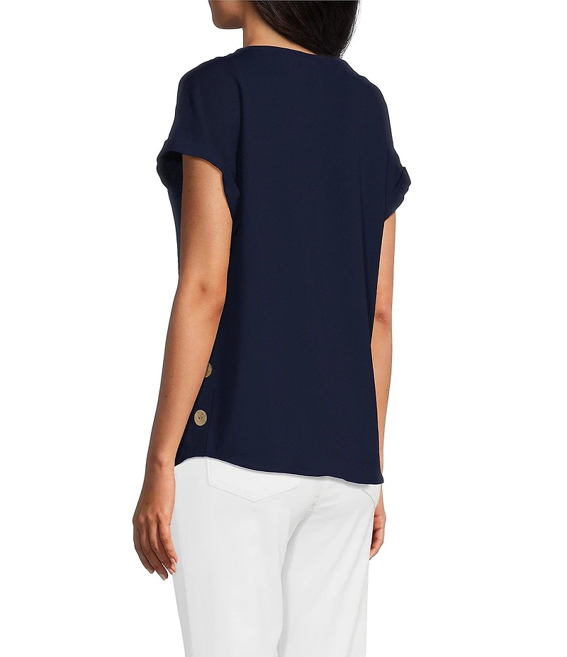 Jones New York Jasper Crepe Boat Neck Short Sleeve Side Button Detail Blouse