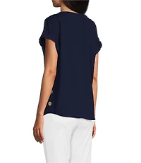 Jones New York Jasper Crepe Boat Neck Short Sleeve Side Button Detail Blouse