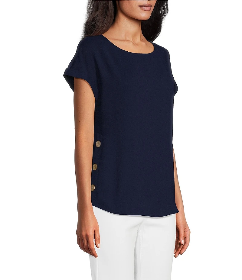 Jones New York Jasper Crepe Boat Neck Short Sleeve Side Button Detail Blouse