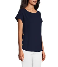 Jones New York Jasper Crepe Boat Neck Short Sleeve Side Button Detail Blouse