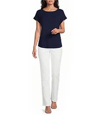 Jones New York Jasper Crepe Boat Neck Short Sleeve Side Button Detail Blouse