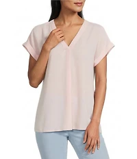 Jones New York Jasper Crepe V-Neck Extended Roll Cuff Short Sleeve Blouse