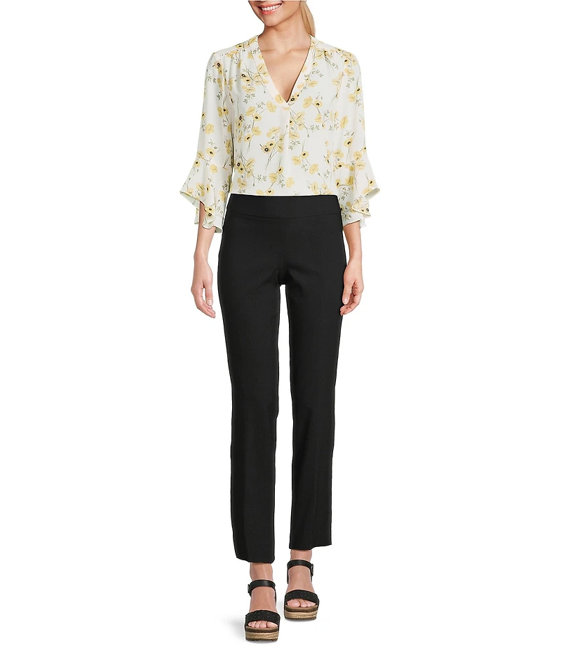 Jones New York Kelly Floral Crepe V-Neck Long Flutter Sleeve Top