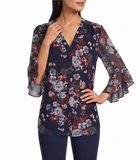 Jones New York Kelly Print Woven Chiffon V-Neck 3/4 Sleeve Tunic