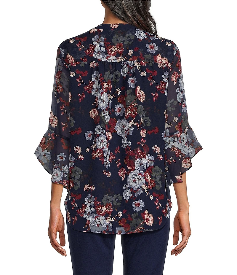 Jones New York Kelly Print Woven Chiffon V-Neck 3/4 Sleeve Tunic