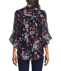 Jones New York Kelly Print Woven Chiffon V-Neck 3/4 Sleeve Tunic