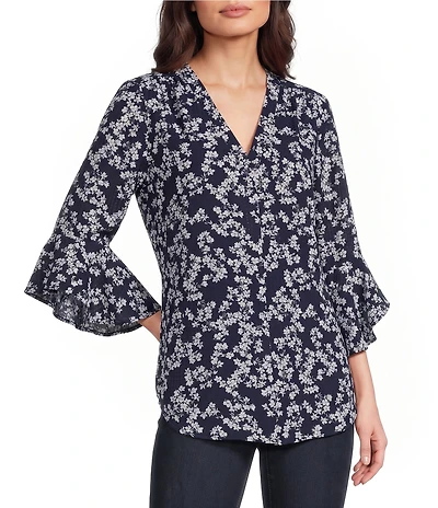 Jones New York Kelly Woven Printed V-Neck Long Flutter Sleeve Top