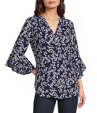 Jones New York Kelly Woven Printed V-Neck Long Flutter Sleeve Top
