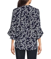 Jones New York Kelly Woven Printed V-Neck Long Flutter Sleeve Top