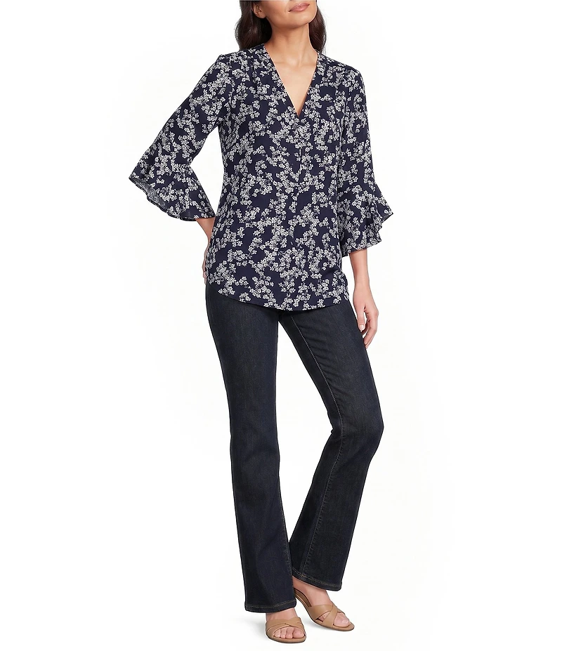 Jones New York Kelly Woven Printed V-Neck Long Flutter Sleeve Top